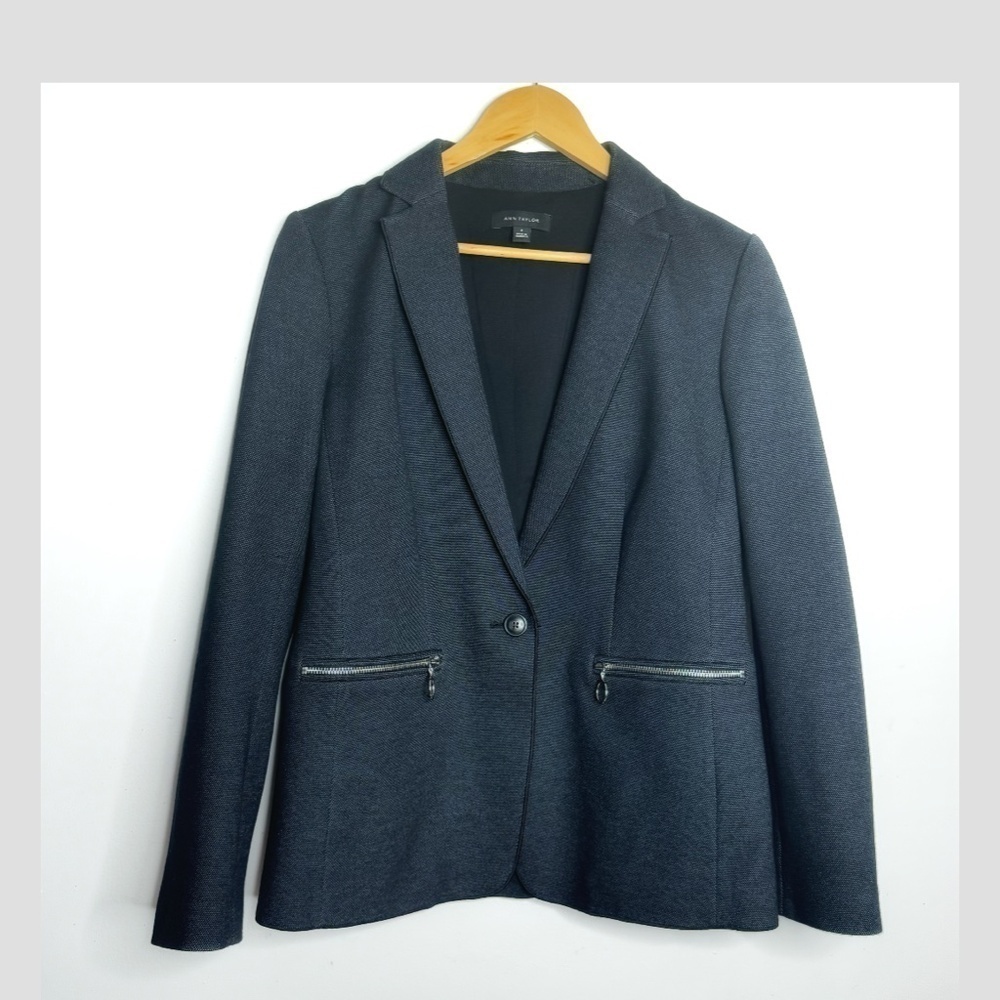 Ann Taylor Blazer Jacket Charcoal Grey Zip Pockets Silver Hardware Notch Collar